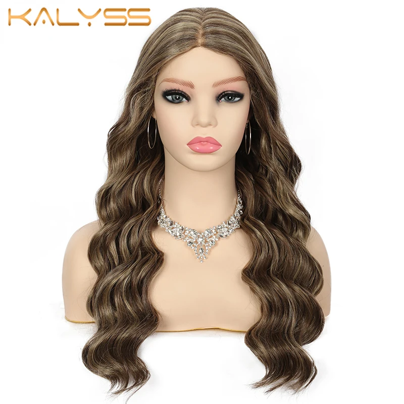 Kalyss 18inch Long Body Ocean Waves Synthetic Curly Japan-made Ready-to-wear Middle Parted Swiss Lace Font Wigs for Women