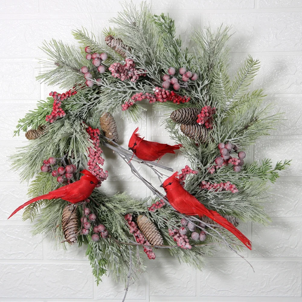 

17.7 Inch Artificial Wreaths Cardinal Wreath Winter Garland Christmas Holiday Home Hanging Wall Door Decor with Berry Pine Cones