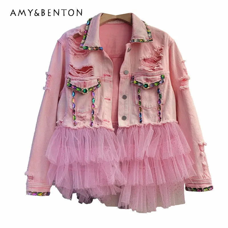 2023 New Jeans Outerwear Exquisite Rhinestone Ripped Burr Stitching Mesh Design Loose Pink Denim Short Coat For Women Clothing