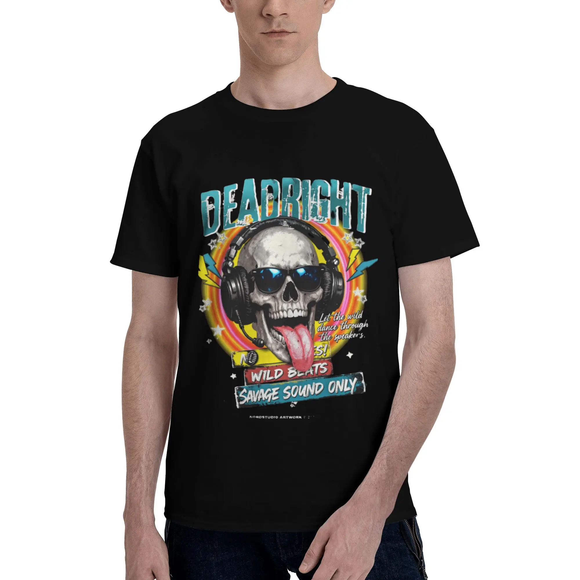 Фото Мужская футболка Deadright Wild Beats Skull With Headphones, оригинальная футболка с короткими рукавами и круглым вырезом, 100% хлопок, новинка, топы №1