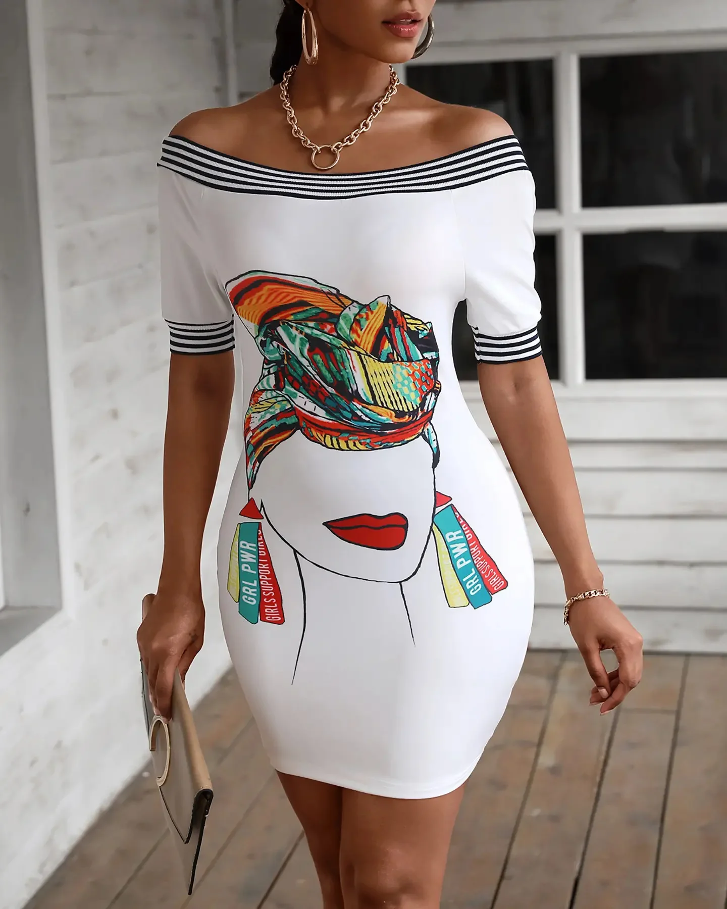 

Women Summer Spring Mini Dress Strapless Slash Neck Off Shoulder Printed Slim Fit Sexy Pencil Skirt New Evening Party Dress