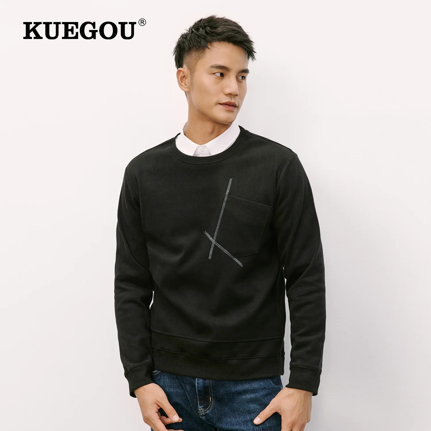 

KUEGOU 2022 Spring Crewneck Sweatshirt Men Plain Fashion Vintage Trendy Streetwear Designer Tracksuit Male Oversize Clothes 8930