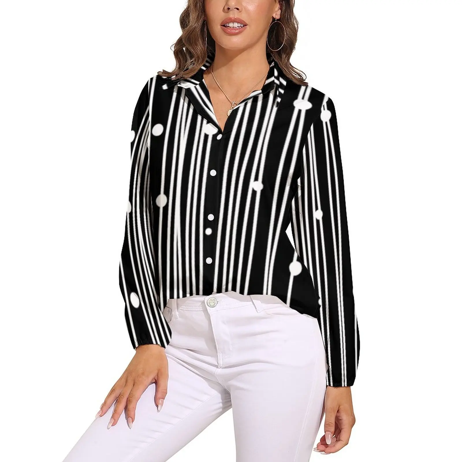 

Polka Dots And Stripes Blouse Women White Line Print Casual Loose Blouses Long Sleeve Elegant Shirt Design Tops Big Size 2XL 3XL