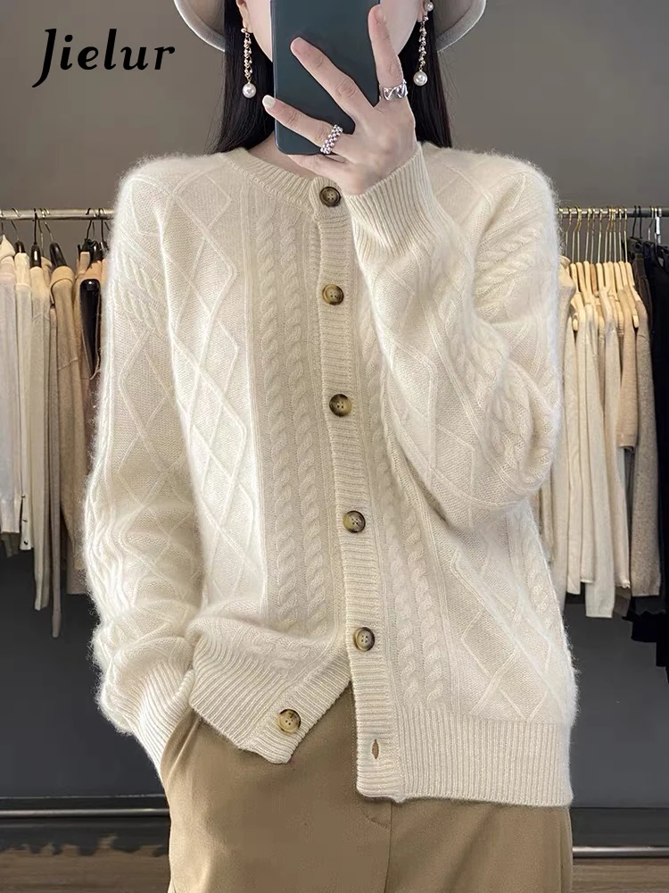 

Jielur Loose O-neck Basic Office Lady Cardigan Winter Solid Color Singe Breasted Fashion Female Sweater Cardigan Red Green White