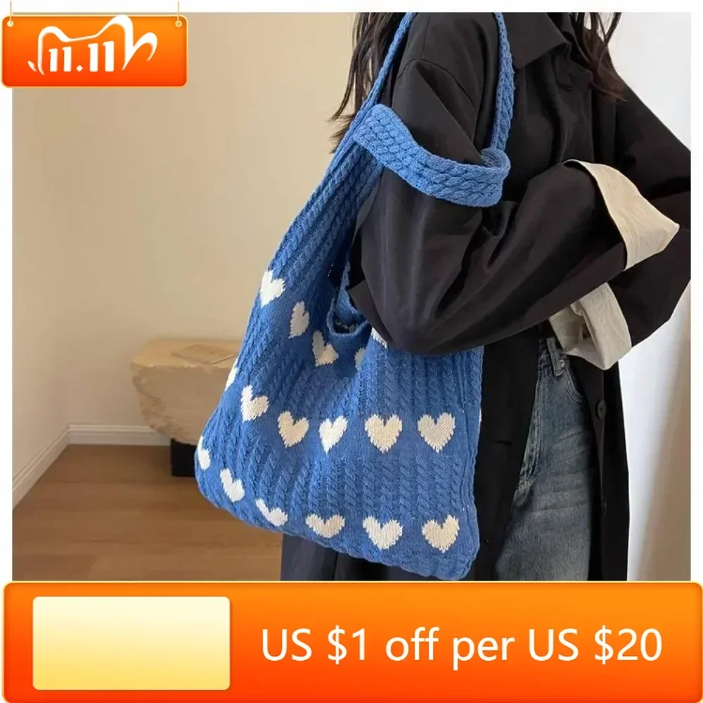 

Large Capacity Knitted Handbags Casual Hollow Woven Shoulder Bag Handle Totes Women