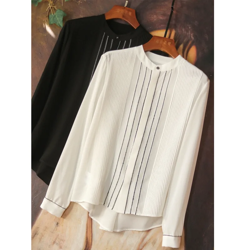 

Imitation Silk Shirt Heavy Industry Embroidery Tuck Pleated Round Neck Long sleeve Solid Color Women Camisas Mujer