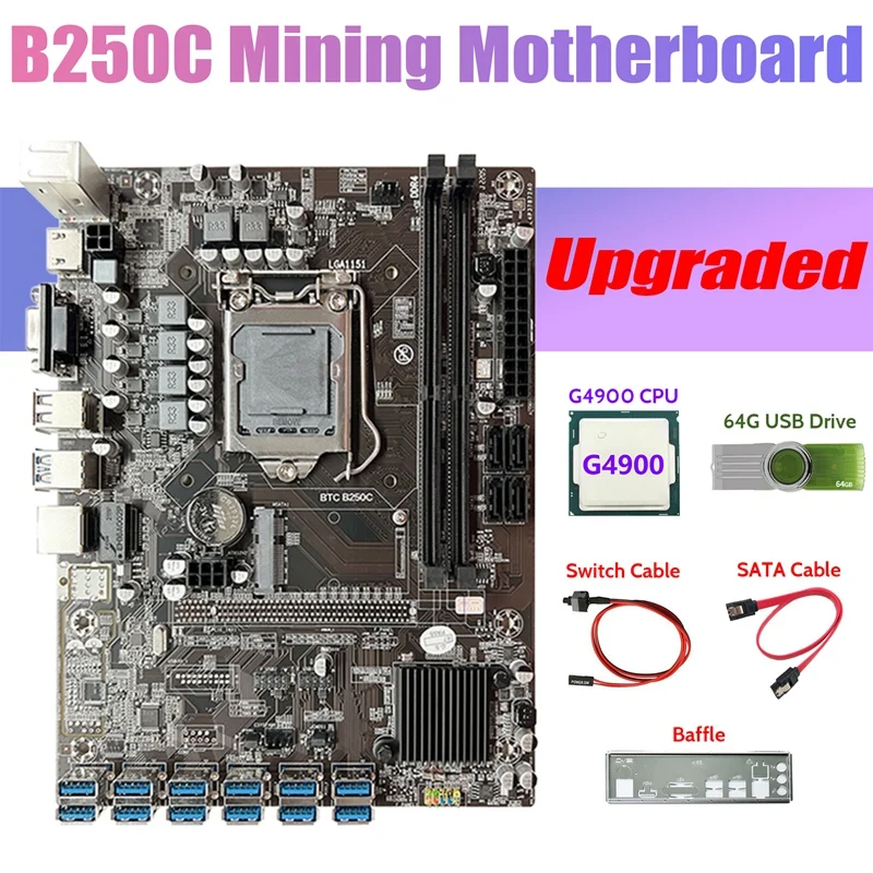 

B250C BTC Miner Motherboard+G4900 CPU+64G USB Drive+Baffle+SATA Cable+Switch Cable 12 USB3.0 DDR4 LGA1151 For ETH