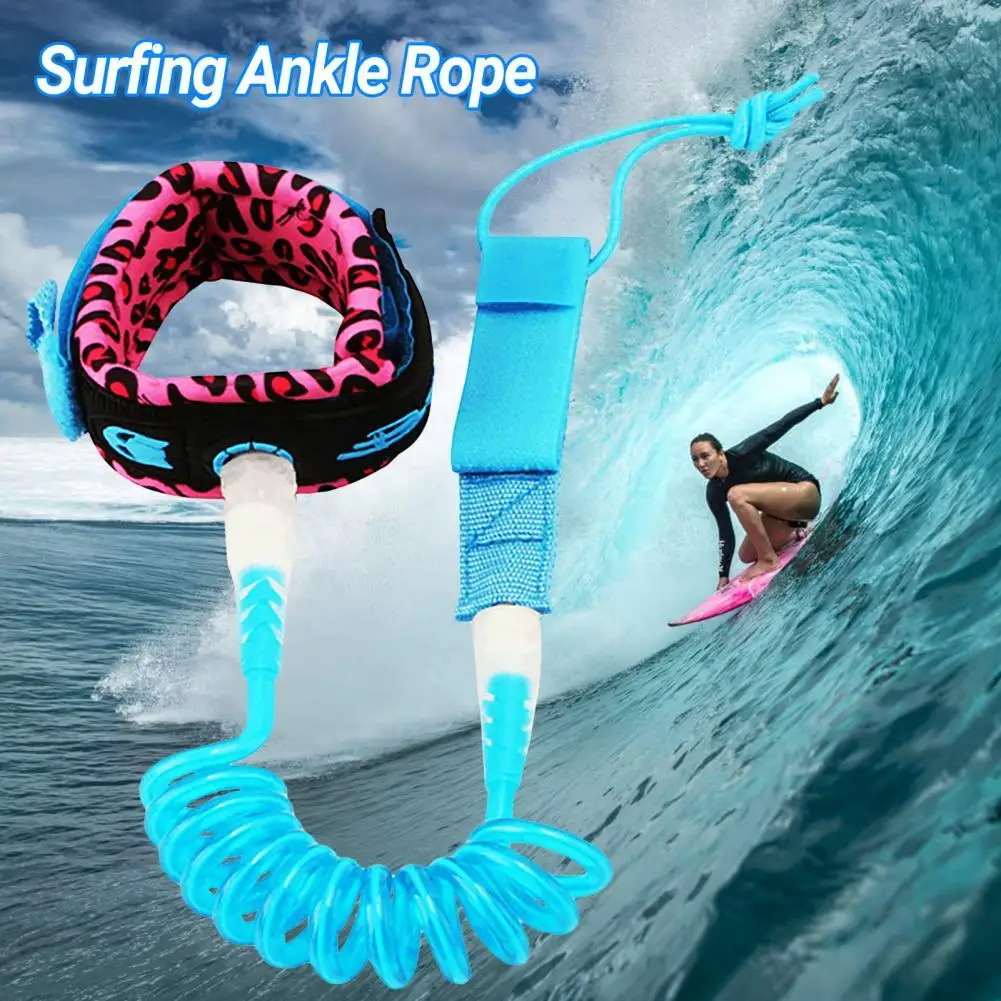 

360 Degrees Rotation Elastic Coiled Surfing Ankle Rope Hook Loop Fasteners Leopard Print Surfboard Ankle Leash Sports Goods