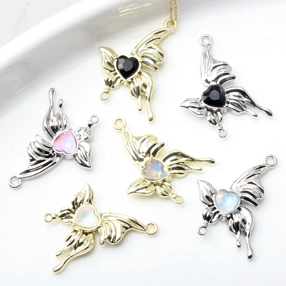 

WZNB 10Pcs Butterfly With Crystal Hearts Alloy Pendant Connector for Jewelry Making Diy Earrings Necklaces Accessories Material
