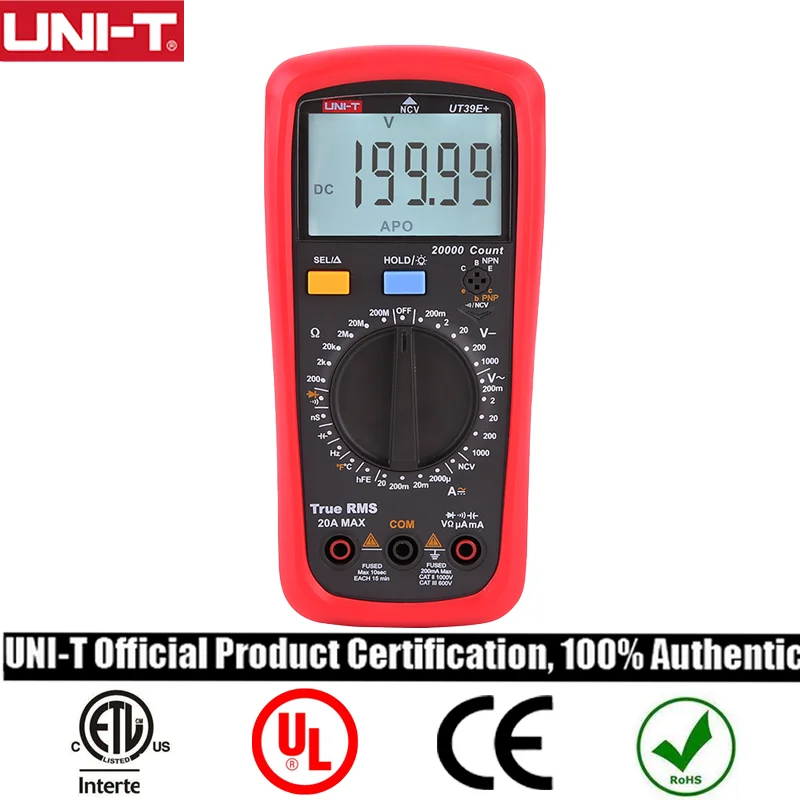 

UNI-T Digital Multimeter UT39E+ 20A 1000V AC DC Handheld Multimetro Ture Rms Tester With 2000μF Capactitance Meausement tools