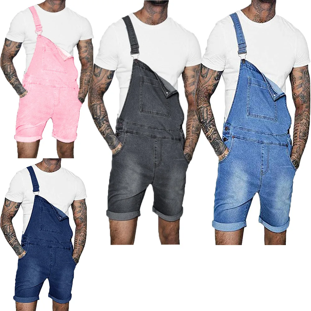 Denim Jumpsuit Straps Fashionable Streetwear Men Overalls Pantalones Vaqueros Hombre Solid Color Shorts Rompers