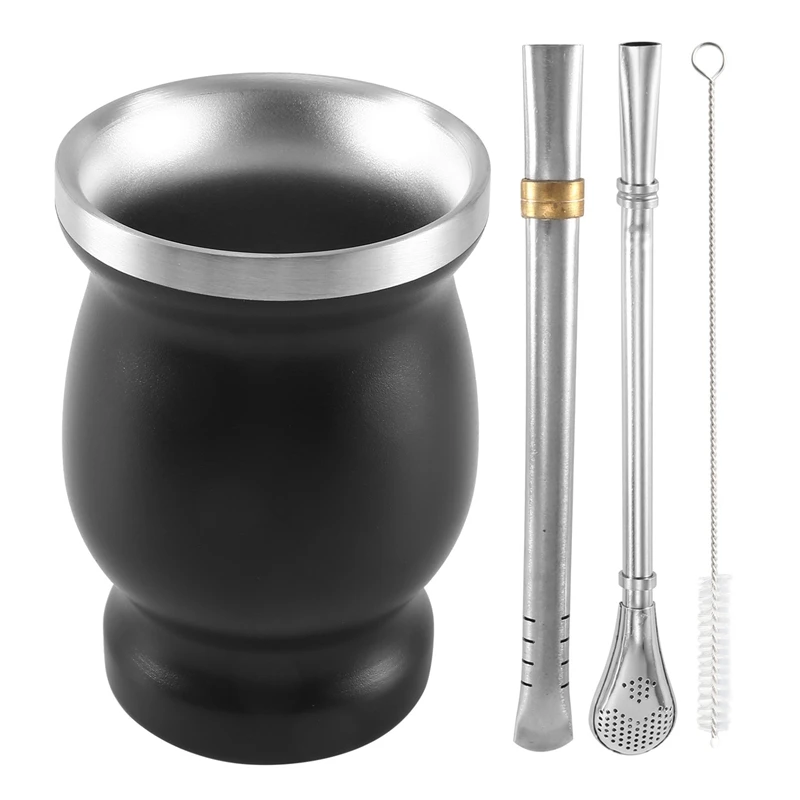 

2X Double-Wall Stainless Yerba Mate Gourd Tea Cup Set Water Cup With 2 Bombillas Straws Spoon&Clean Brush 8Oz Black