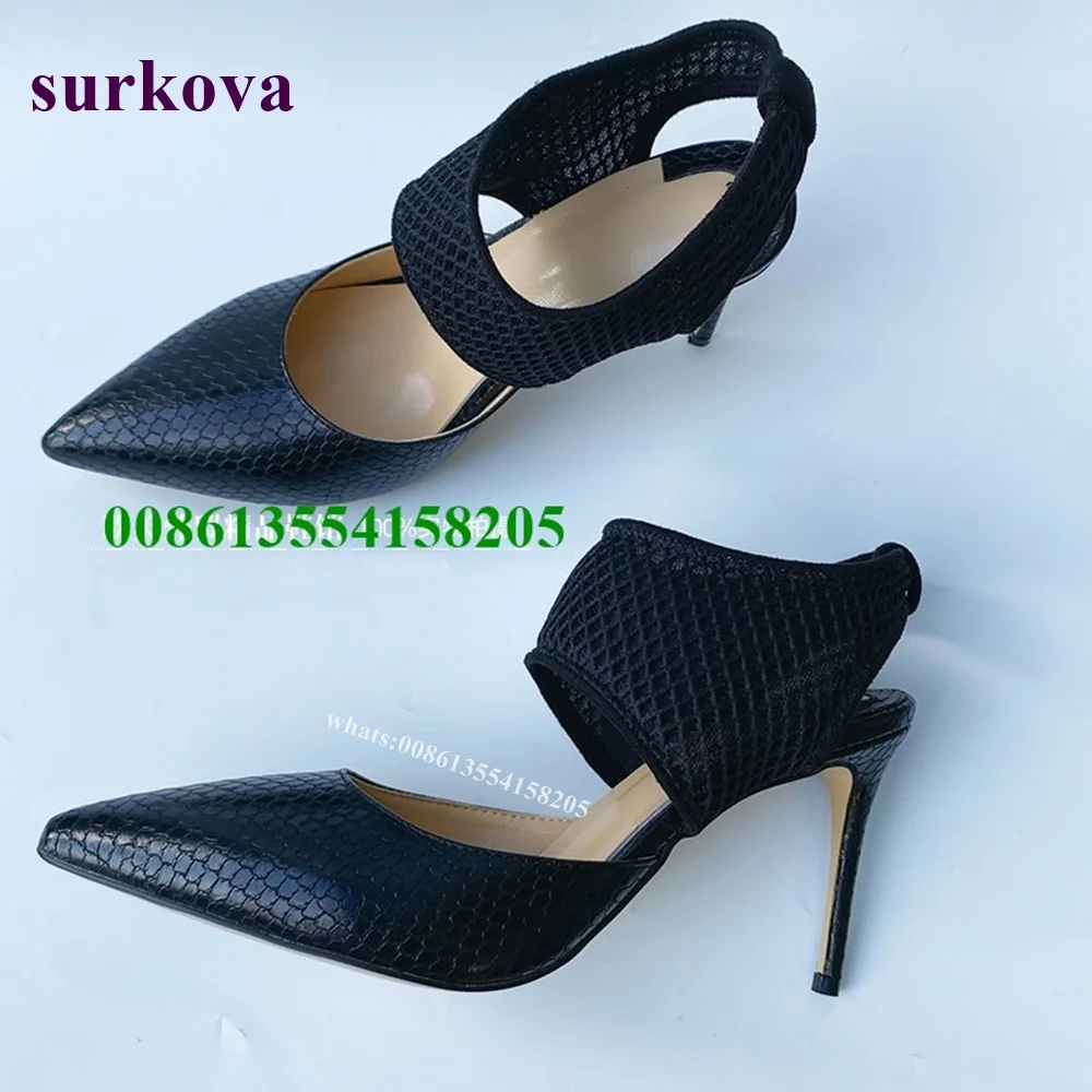 

Женские туфли-лодочки с ремешком на пятке, черные туфли из змеиной кожи на высоком тонком каблуке, с острым носком, с ремешком сзади, 2022