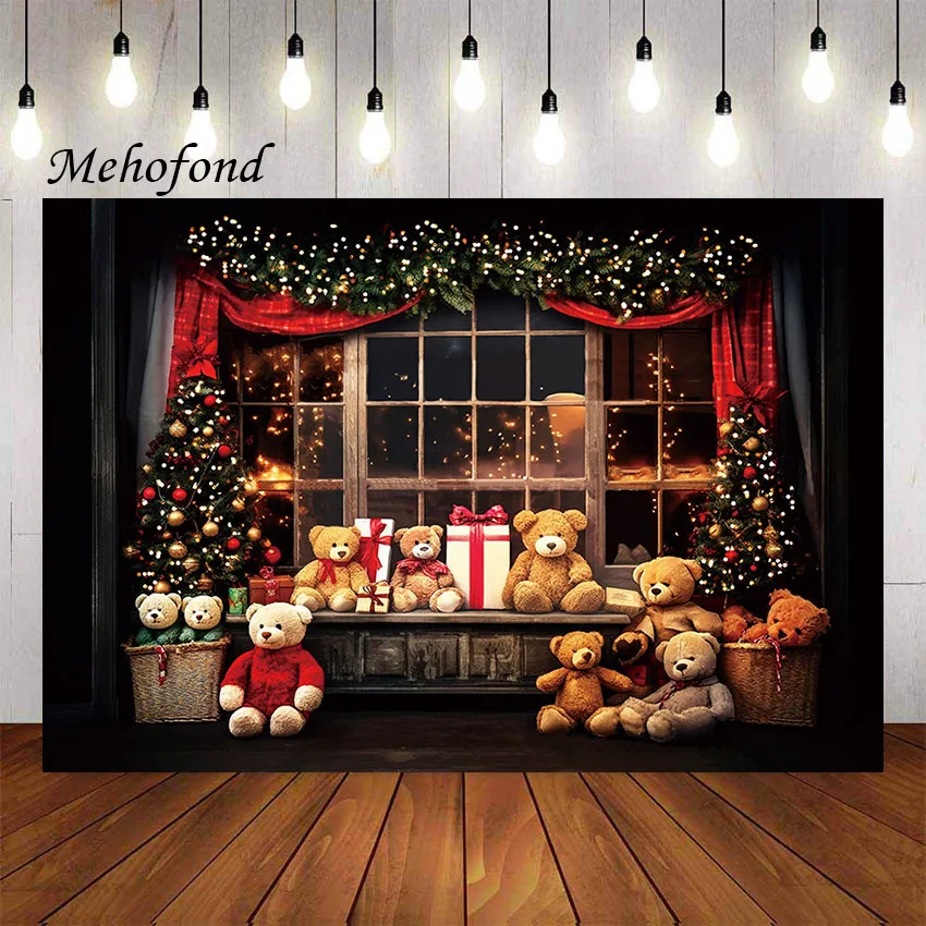 

Mehofond Photography Background Christmas Party Room Window Gift Bear Xmas Tree Kids Family Portrait Decor Backdrop Photo Studio