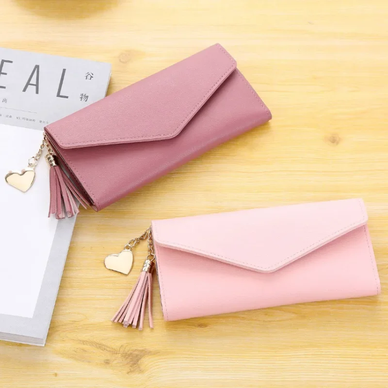 

2023New Women's Purse Solid Color Simple Long Fringe Wallets For Women 2 Fold Large Capacity PU Leather Soft Side Women's Wallet