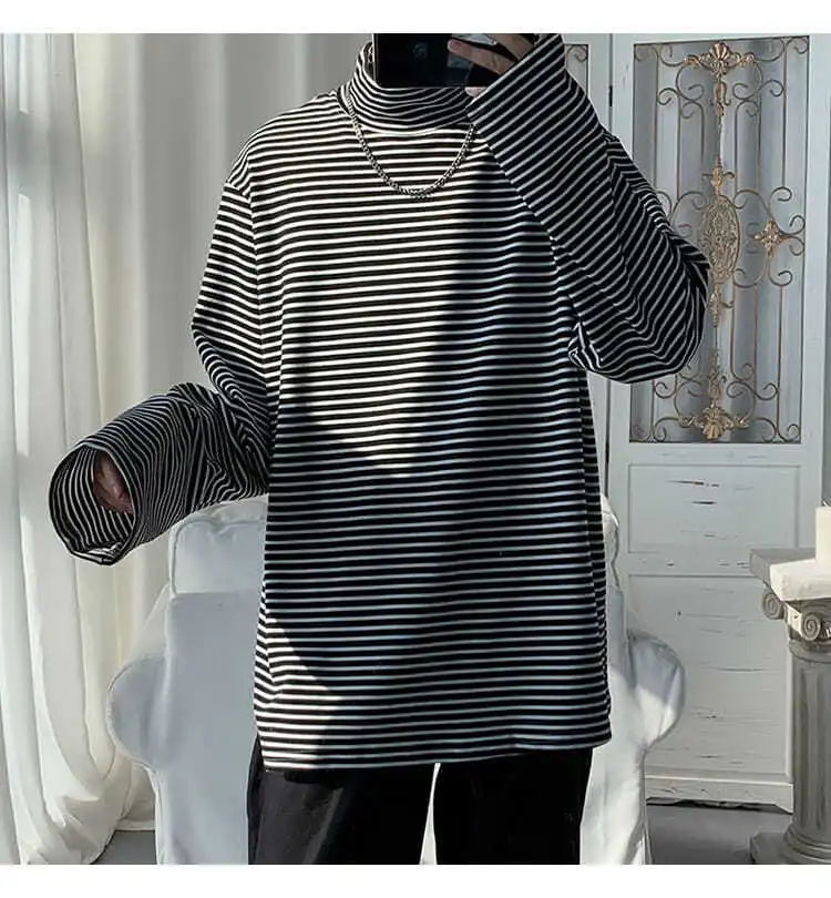 

Long Sleeve High Collar Striped T Shirt Men Hip Pop Harajuku Vintage Bottom Tops Loose Korean Style Casual Men Clothing