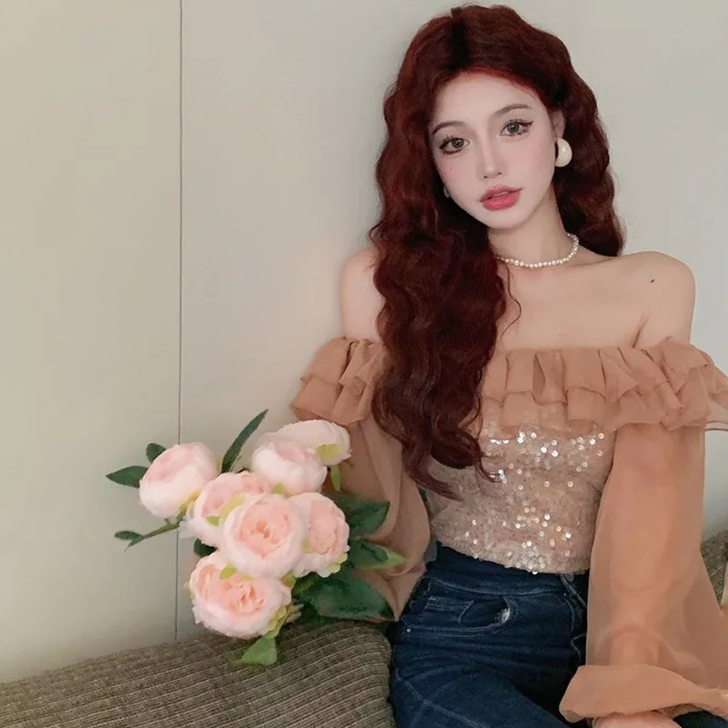 

Spring Summer Slash Neck Sequined Blouse For Women Western Style Long Sleeve Chic Sexy Short Tops Blouse