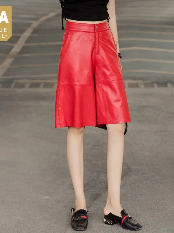 

Sheepskin Fashion Womens Knee Length Genuine Leather Wide Leg Pants Loose Fit Streetwear Hip Hop Casual Joggers Harem Pants 4XL