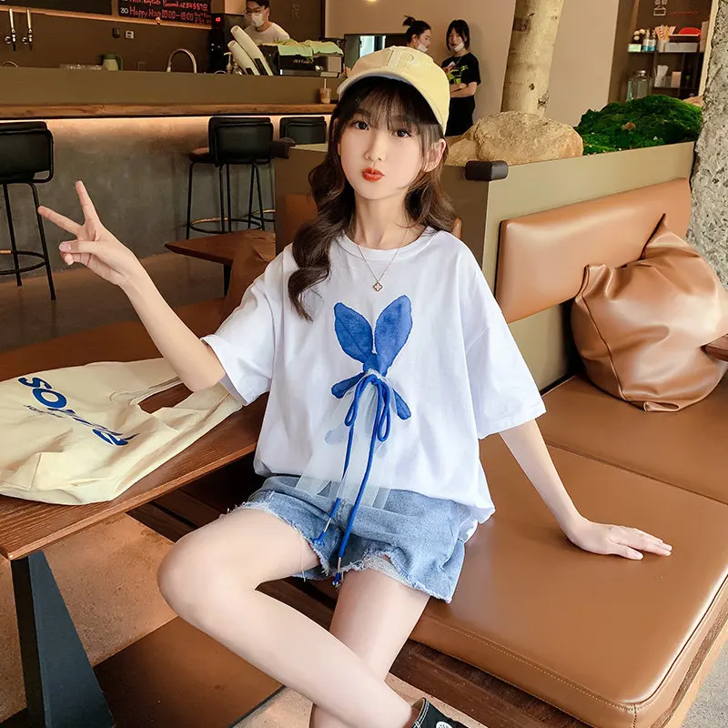 Girls Summer Fashion Clothes Set New Children's Wear Kids Loose Cotton T-shirt + Stylish Shorts Two Piece Suit For Teenager 5-14
