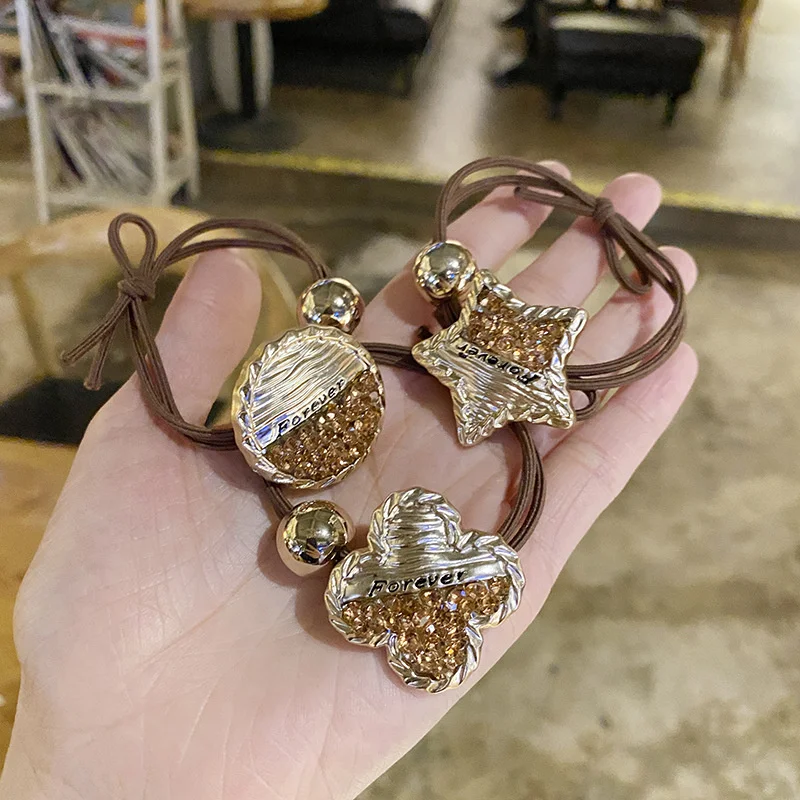 

5PCS Women Hair Ring Metal Letters Clover Scrunchies Tie Rope Mini Ponytail Holders Hairbands Korean Hair Decorations For Girls