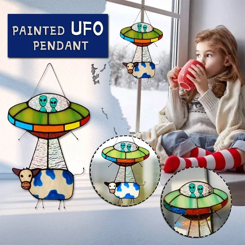 

Painted UFO Pendant Alien Cow Stained Wall Hanging Garden Suncatcher Window Panel Door Home Creative Ornament Decoration Gifts