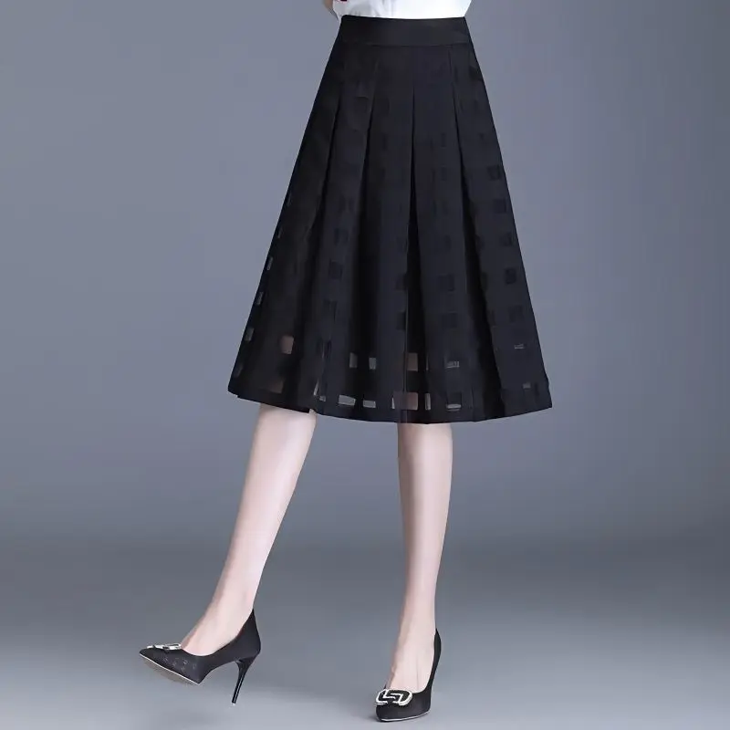 

2023 Women Spring Summer Fashion Casual High Waist Skirts Female Loose A-line Skirts Ladies Knee-Length Pleated Skirts U277