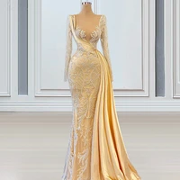 high end customized fashion champagne lace elegant temperament long annual meeting host banquet wedding evening dress