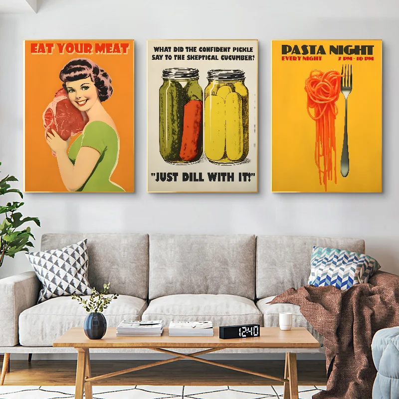 Vintage Food Croissant Pasta Meat Poster Self-adhesive Art Waterproof Paper Sticker Coffee House Bar Room Wall Decor