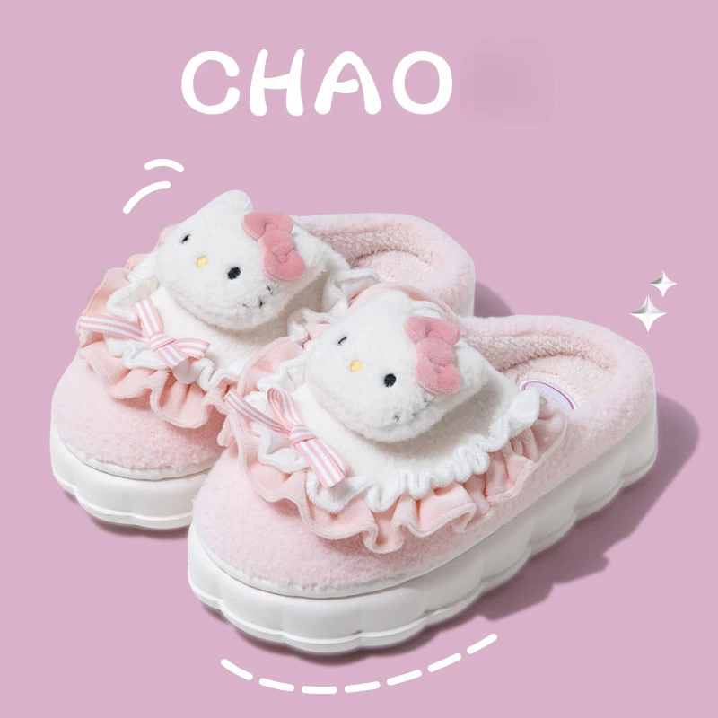 

Женские зимние хлопковые тапочки Sanrio, Hello Kitty, теплые хлопковые домашние тапочки на толстой подошве, с бархатной нескользящей подкладкой, с сердечками
