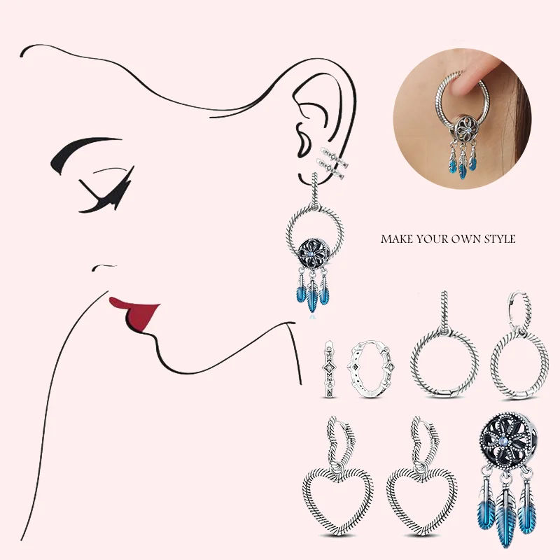 

Hot Sell Moments Charm Asymmetrical Heart Hoop Earrings For Women 925 Sterling Silver Diy Jewelry Dreamcatcher Moon Star Charms