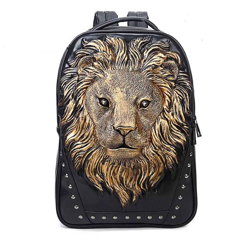 Punk Style Unisex Backpack Black Daypack Casual Men Mochila Lion PatternTraval Bag for Men Large Men's Bag Bolsa