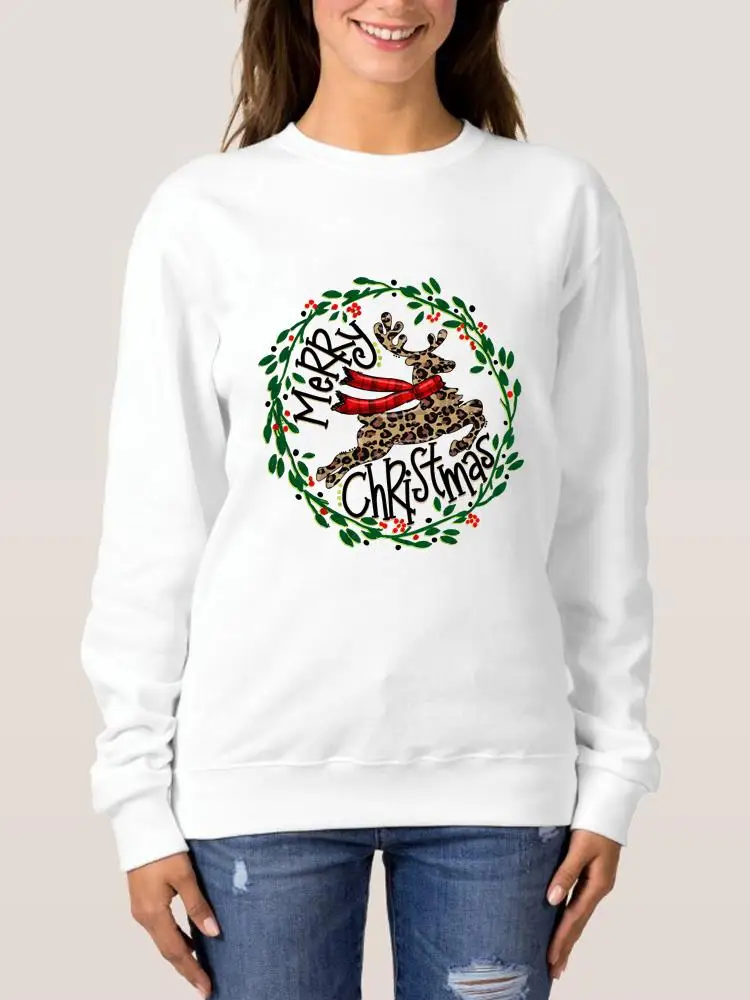 

Merry Christmas Graphic Sweatshirts Happy New Year Pullovers Leopard Deer Trend Love Women Print O-neck Fashion Clothing