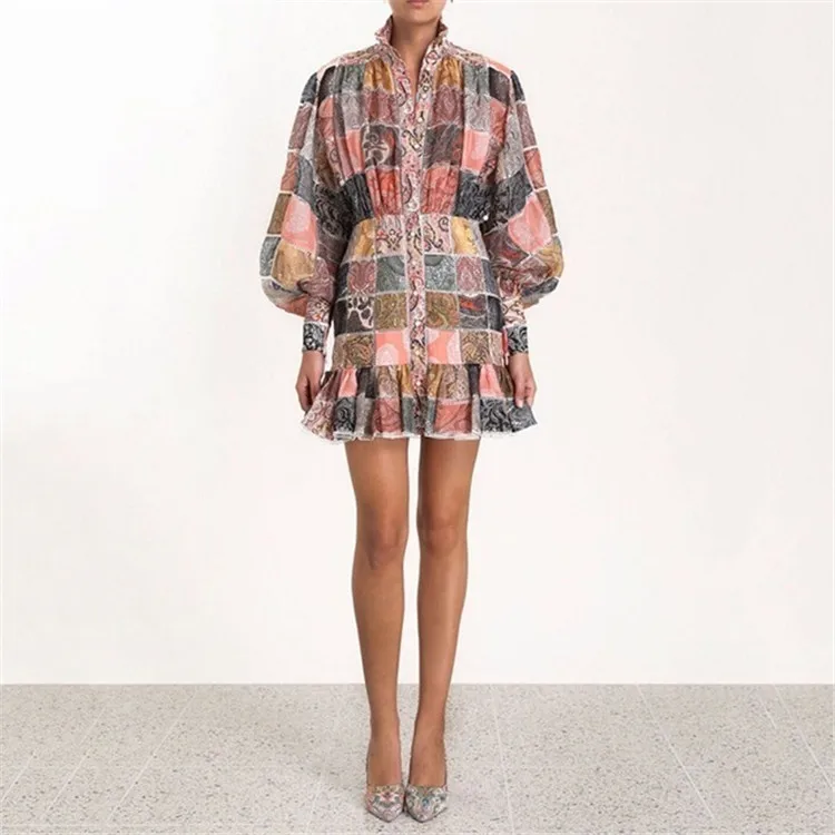 

Женское винтажное платье в клетку, элегантное шифоновое мини-платье с рукавами-фонариками и оборками, лето 2022