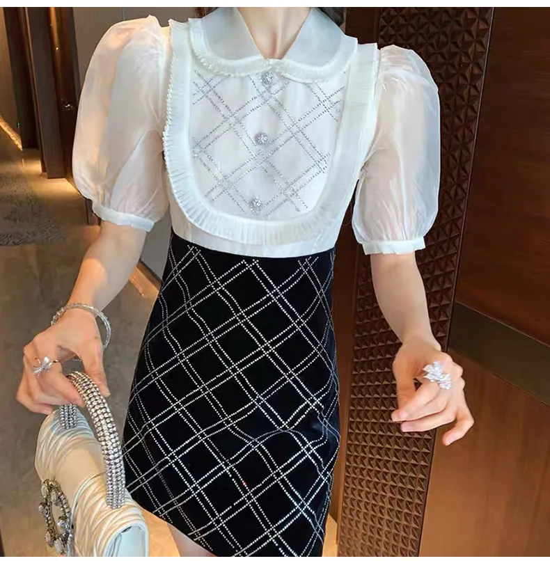 

Elegant Puff Sleeve Mesh Pleated Lotus Leaf Collar Sweet A-Line High Waist Mini Dress Women Summer Holiday Brand New Clothes