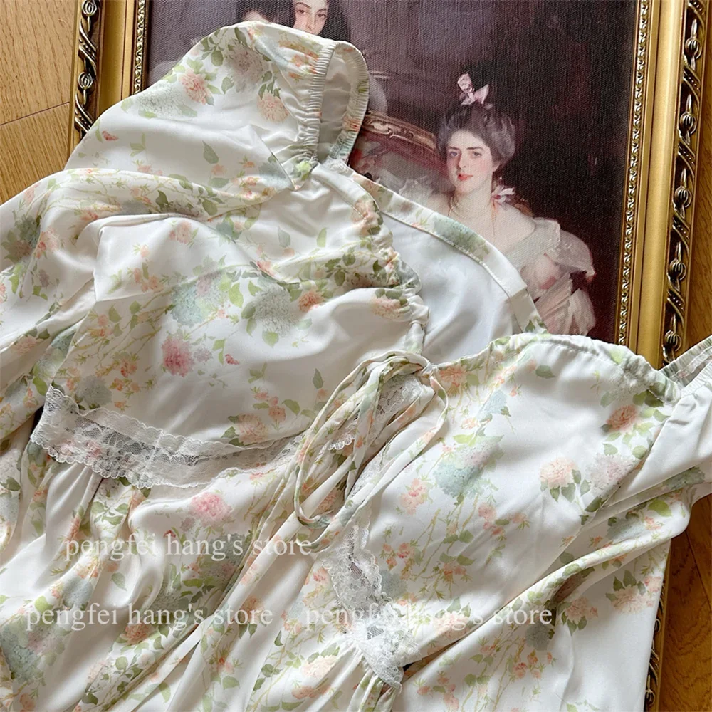 Drukuj kwiat bielizna nocna lodowy jedwab koszula w stylu francuskim Lady elegancki domowy szlafrok z długim rękawem Loungewear