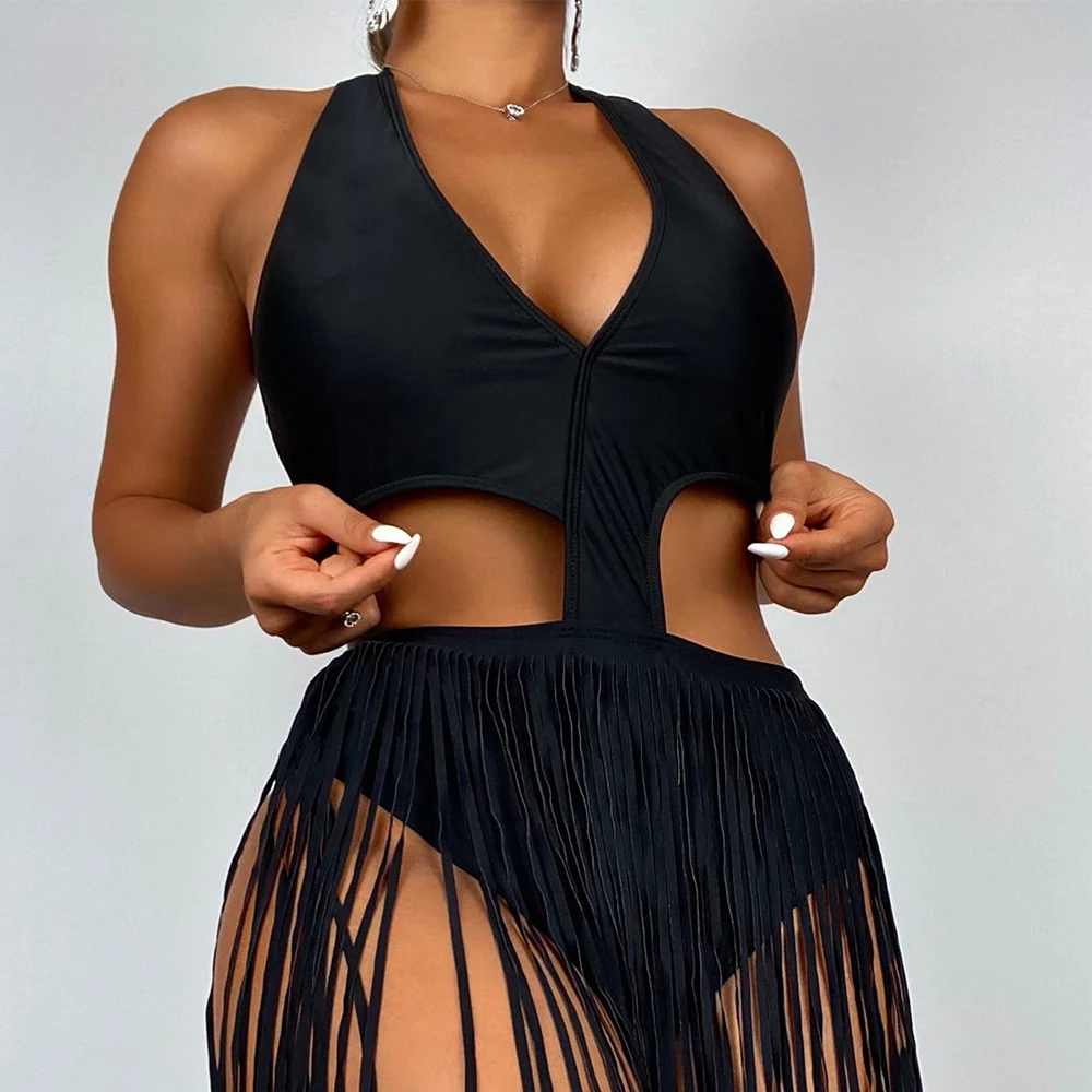 Женский купальник 2022 летнее пляжное платье Цельный с бахромой и закрытой спиной