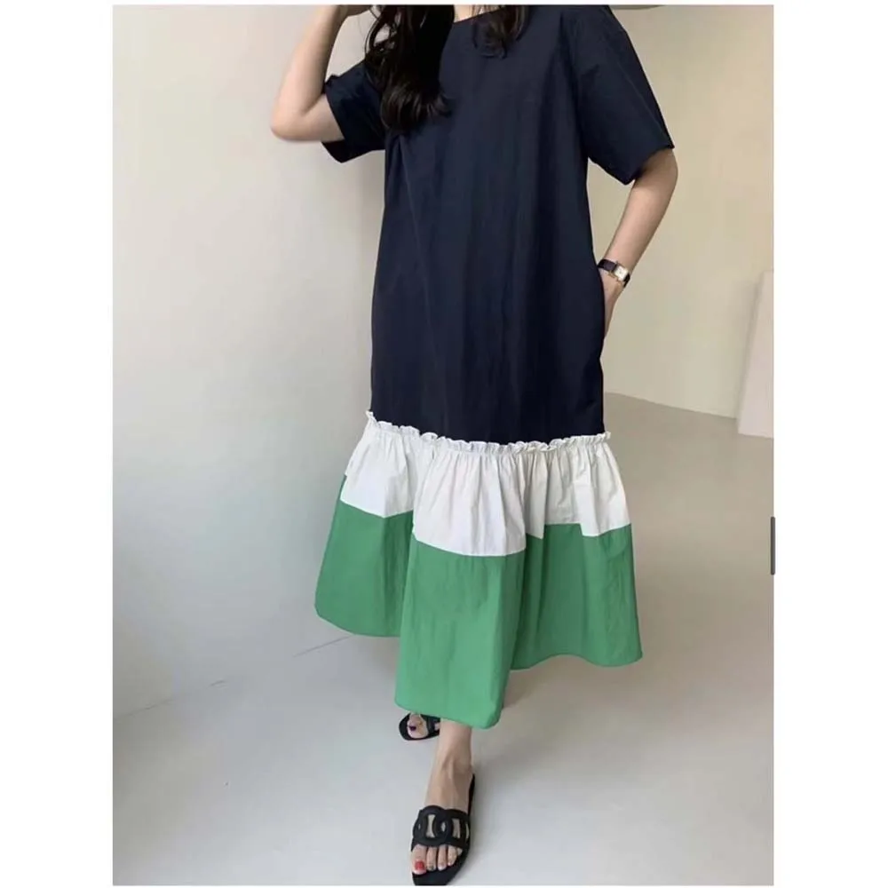 

Women Dress Fashion Patchwork Leisure Short Sleeve Round Neck Loose Ong Slim Ladies Dress For Summer 2022 New Japan Korea Style