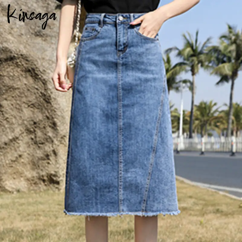 

Irregular Tassel Patchwork Women's Knee Length A-line Denim Skirt Vintage High Waist Pocket Botton Jeans Skirt