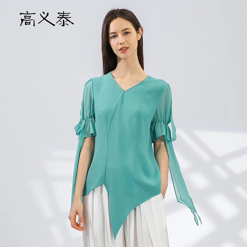 

Женская Тяжелая шелковая футболка 60 Momme с V-образным вырезом и бахромой, с коротким рукавом, асимметричная, зеленая, свободная индивидуальна...