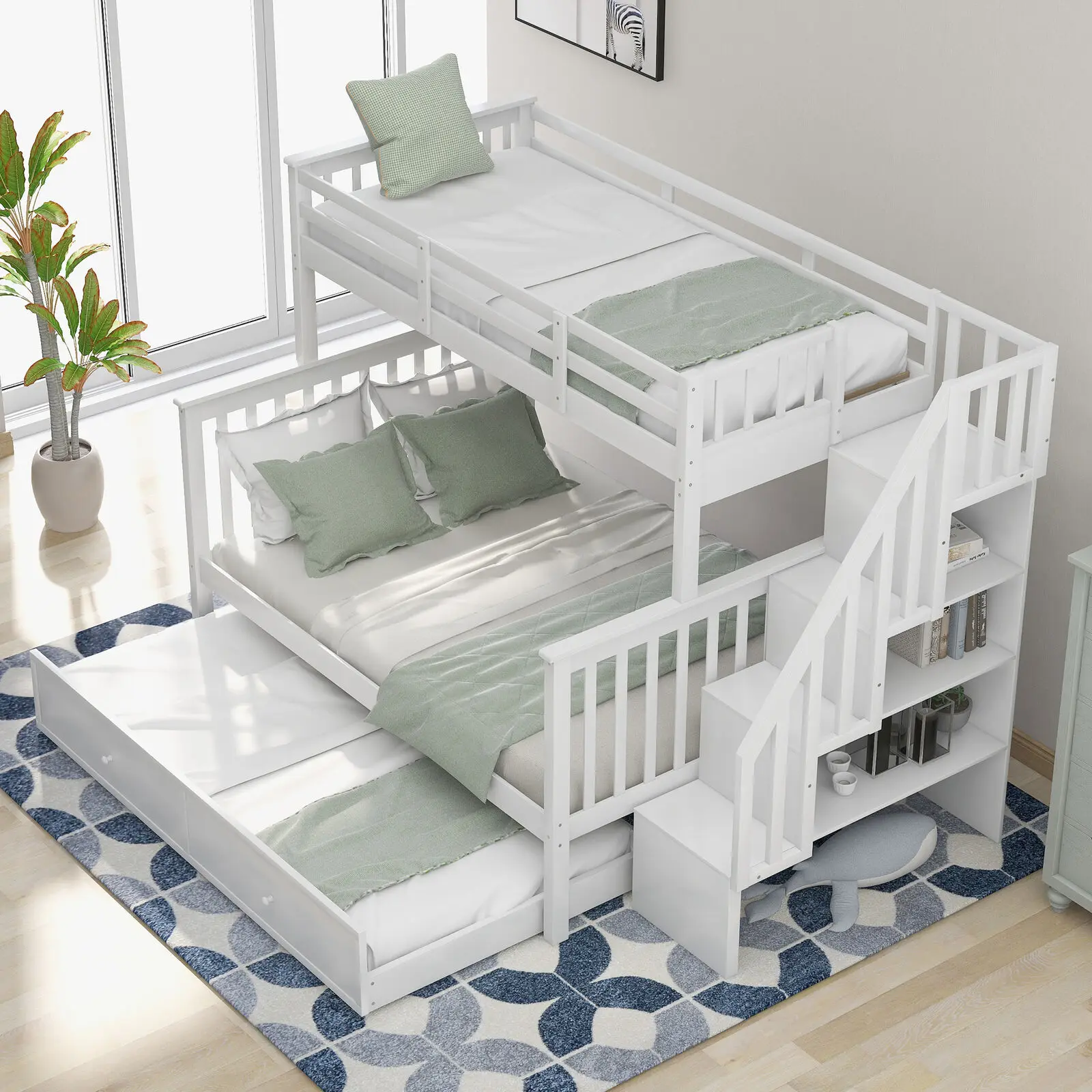 

Stairway Twin-over-full Bunk Bed With Twin Size Trundle, Storage And Guard Rail Loft Bed 4 Compartments For 2-3 People Furniture