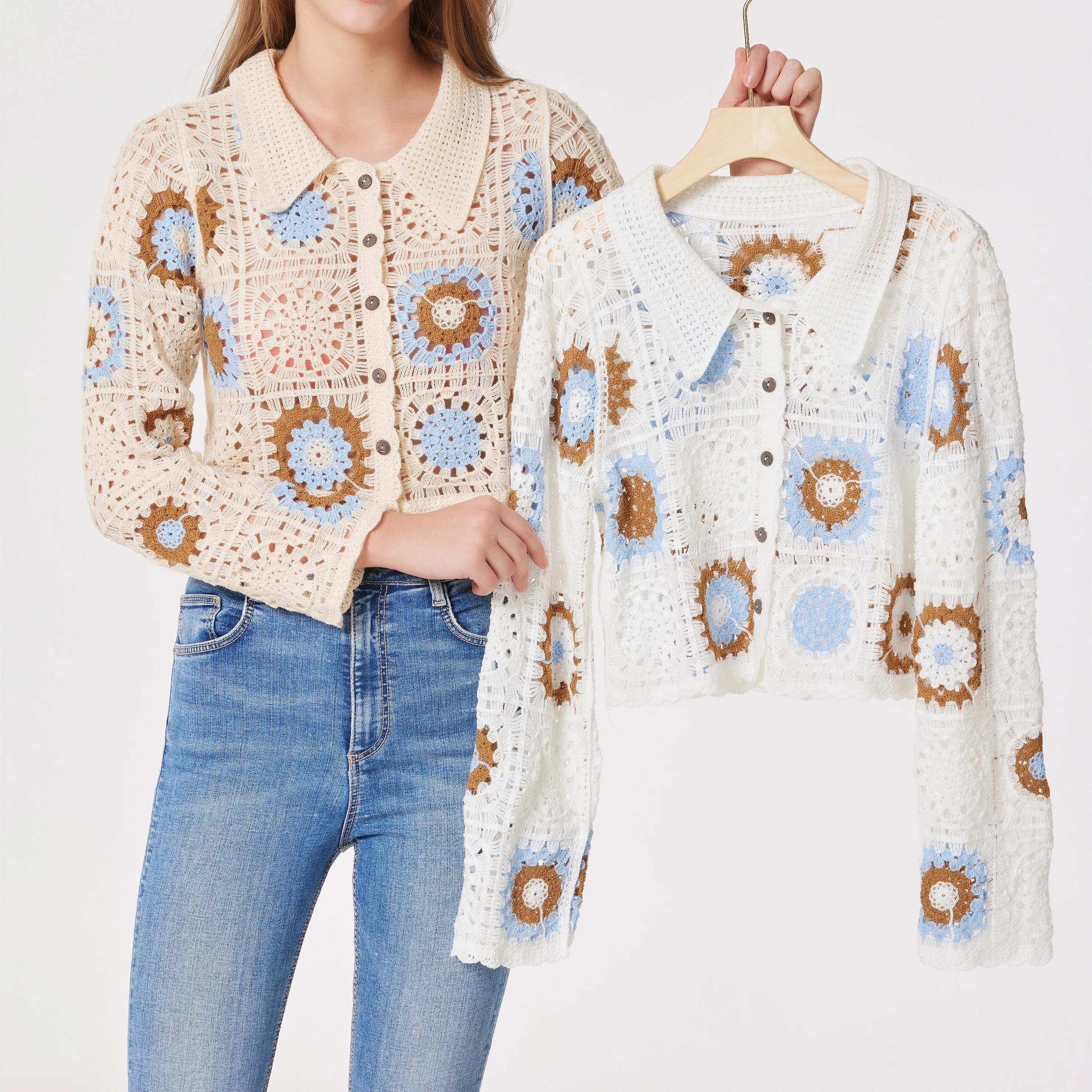 Button Up Hollowed Out Flower Knitted Cropped Cardigan Women Korean Fashion Long Sleeve Kawaii Sweater Femme Cheap Wholesale