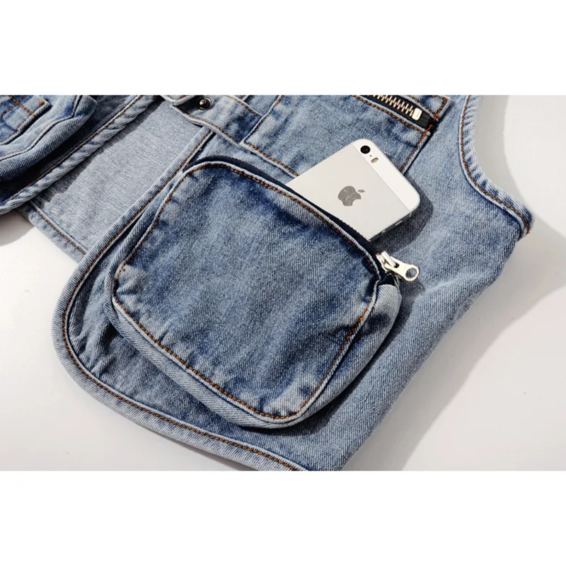 Новый летний корейский модный короткий джинсовый жилет с большим карманом