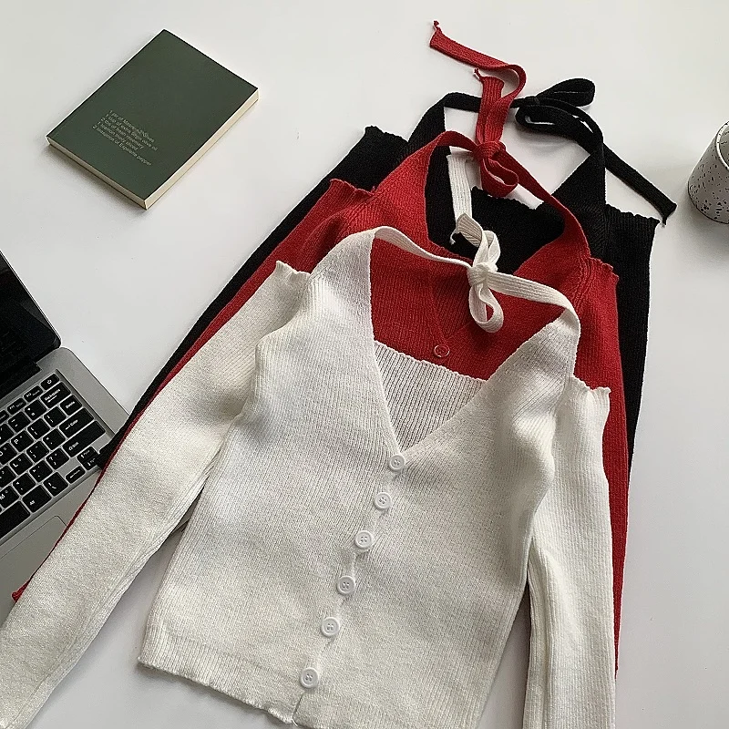 Женский вязаный топ с открытым вырезом и шнуровкой Design Sense осень 2023 новый черный