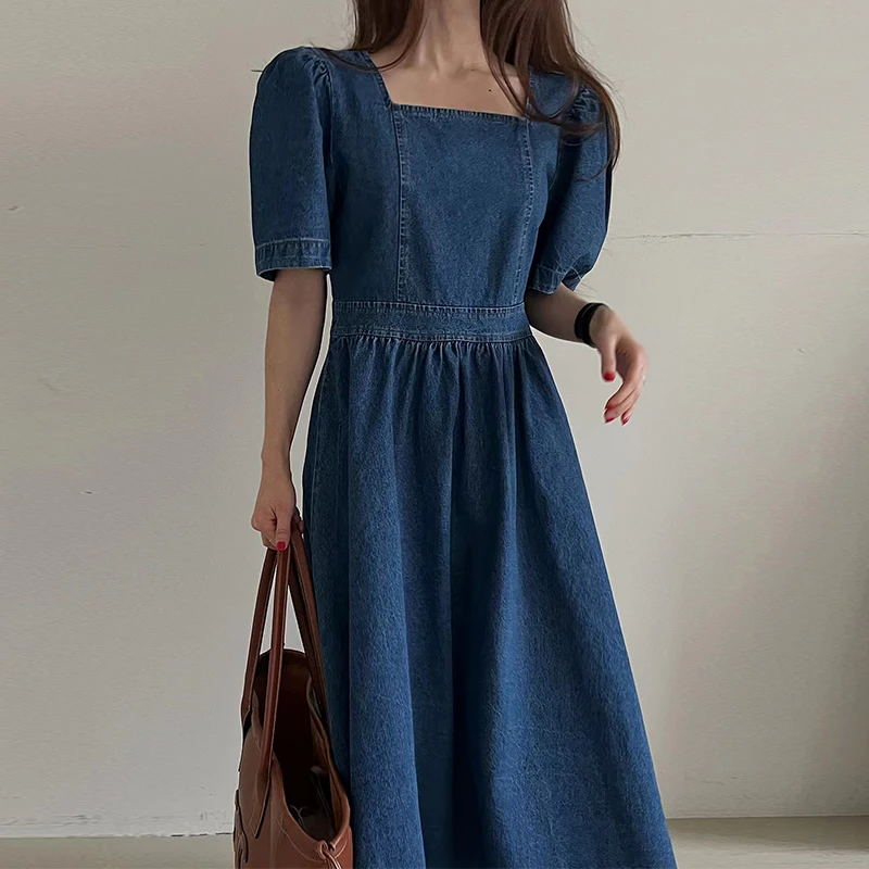 

SuperAen Korean Chic Summer Retro Square Neck Back Zipper Bubble Sleeve Casual Denim Dress for Women