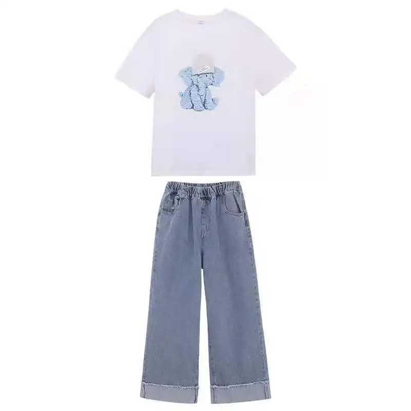 Girls Suit Short Sleeve + Pants 2Pcs/ Cotton 2022 Summer New Sports Sweet T-Shirt Wide Leg Jeans Children's Wear