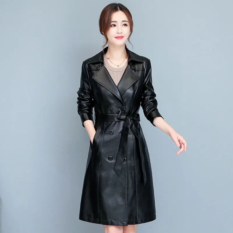 M-7XL Leather Jacket Women's Mid-length Slim Belt Windbreaker CoatLadies Sheepskin Autumn and winter Genuine Leather warm Jacket