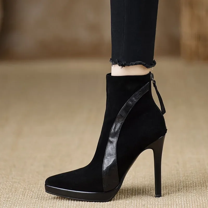 Ботильоны на высоком каблуке с острым носком женские замшевые туфли шпильке