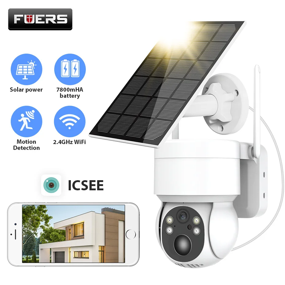 

FUERS 1080P WiFi IP Camera Solar Panel Outdoor Camera Wireless Rechargeable 7800mAh Battery Video Surveillance PTZ Color ICsee