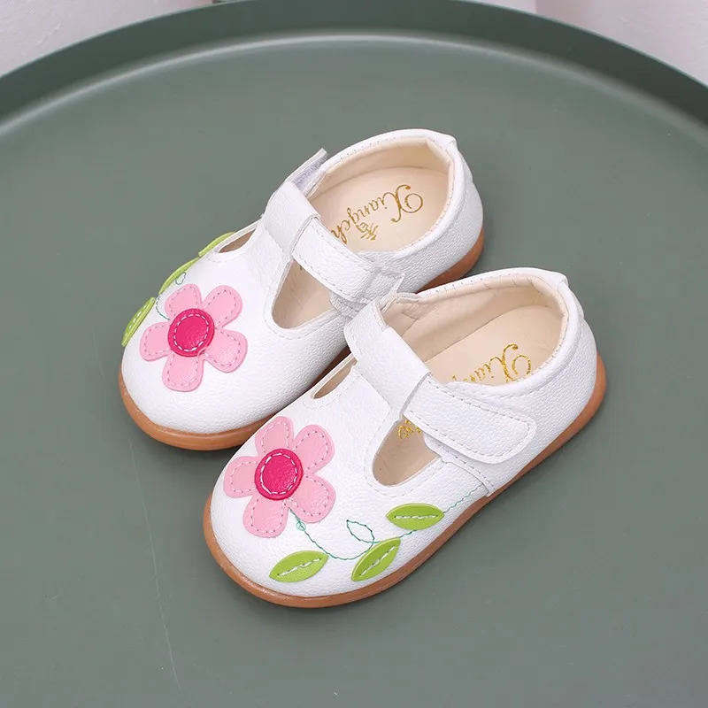 Girl's Mary Janes T-strap Flower Lovely Toddler Flat Shoes Girl Daily Pu Pink White 21-30 Classic Spring Children Leather Shoes enlarge