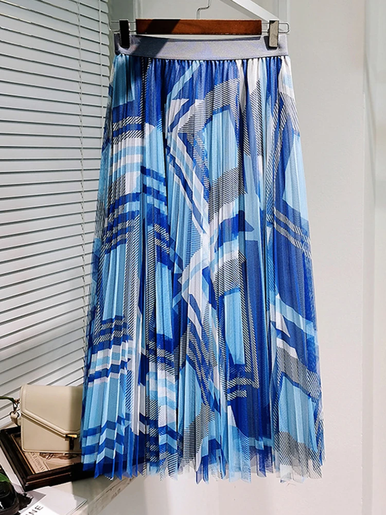 

2022 Spring Summer Fashion Skirt Women Blue Green Black Elastic Waist Printed High Quality Pleated Midi Skirt